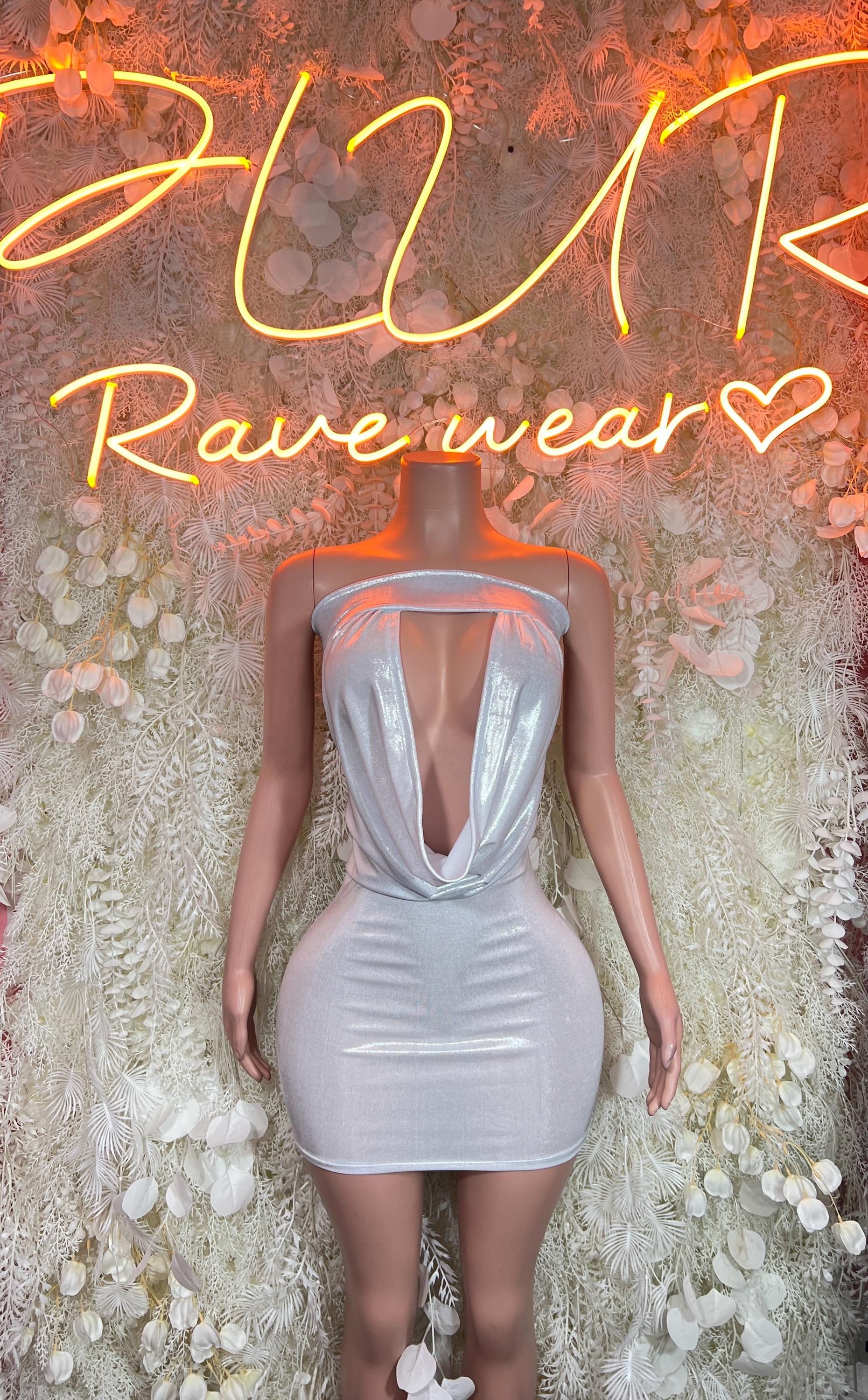 Silver holographic backless mini dress with deep V open back and ruched bodice