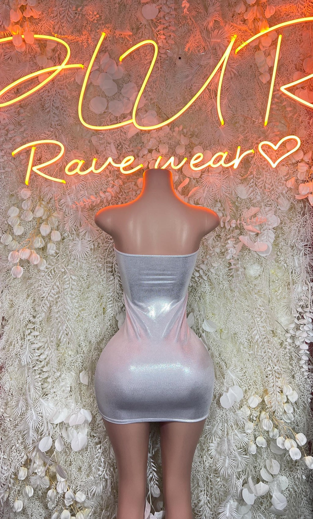 Holographic silver mini dress, backless halter style with ruching at waist