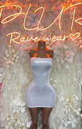 Silver metallic fitted mini dress on mannequin, sleeveless with sweetheart neckline