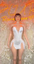 Silver hologram mini festival dress, strapless sweetheart neckline, scalloped hem