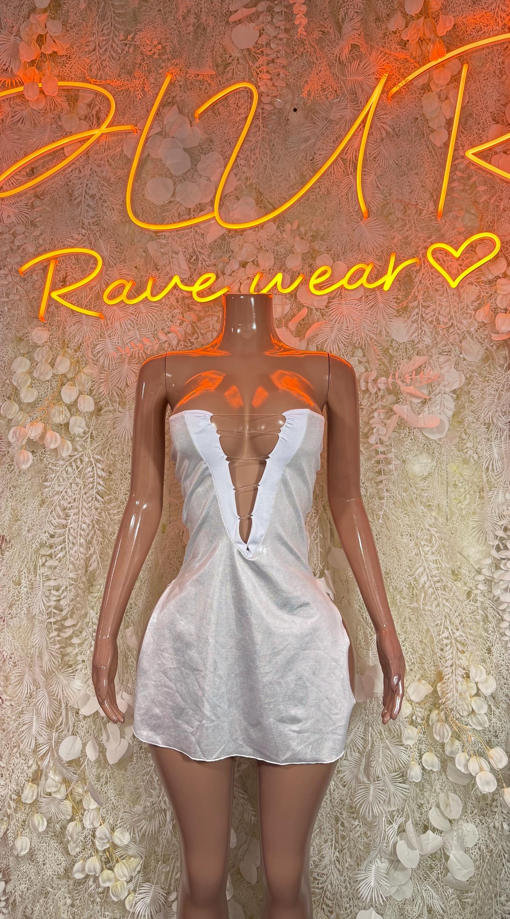Silver hologram rave mini dress with sweetheart neckline and ruched bust, short hem