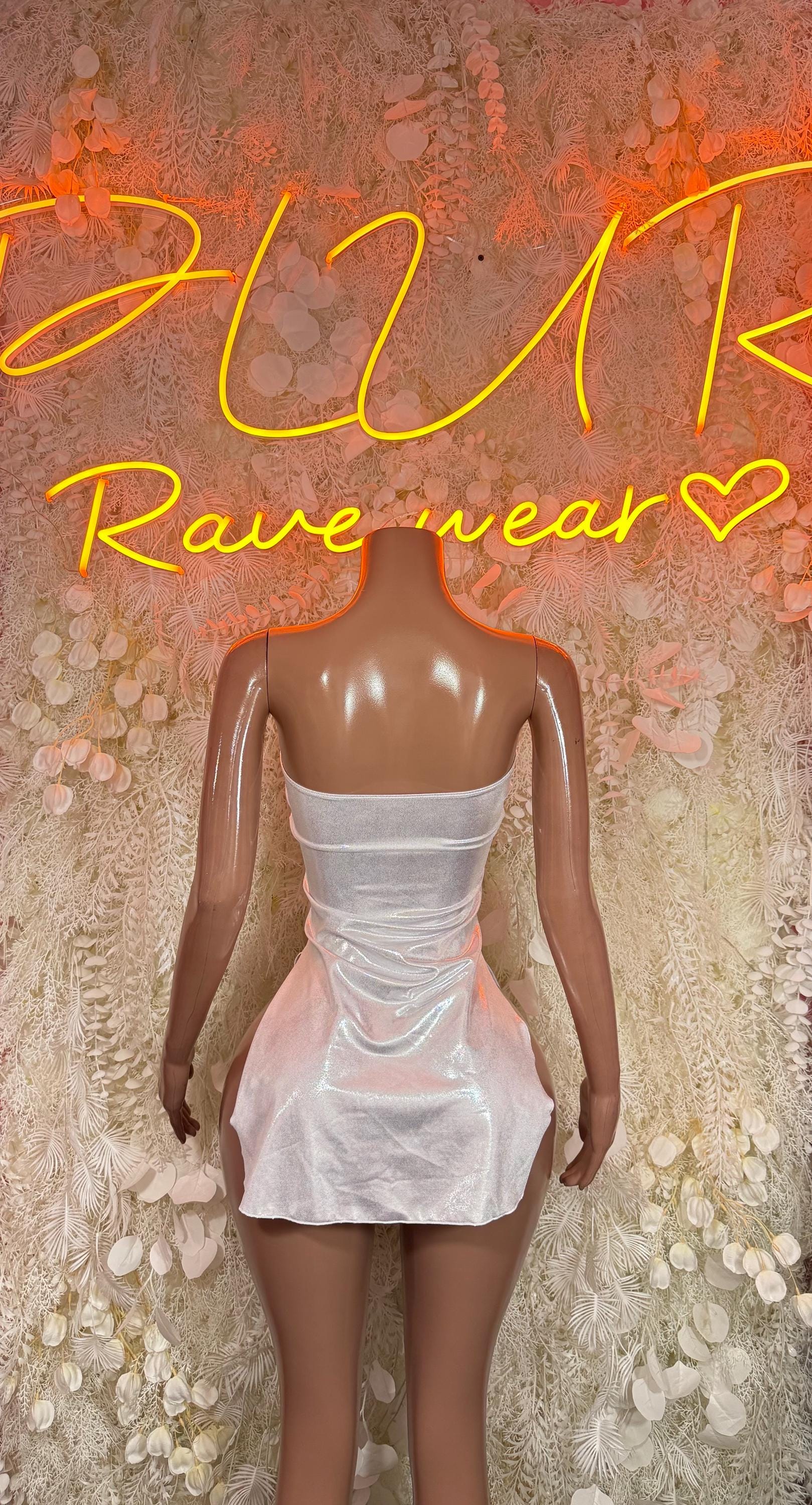 Silver hologram rave mini dress with V-neck bodice and fitted ruched waist, sleeveless