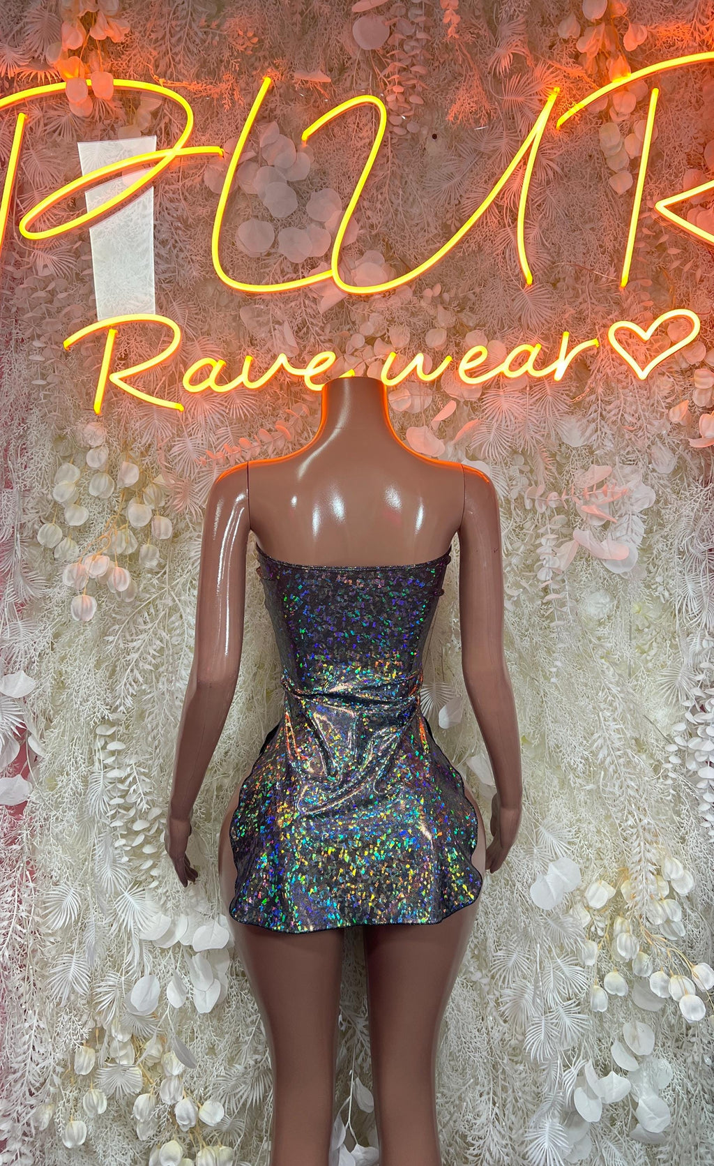 Holographic mini dress with open back and sheer long sleeves