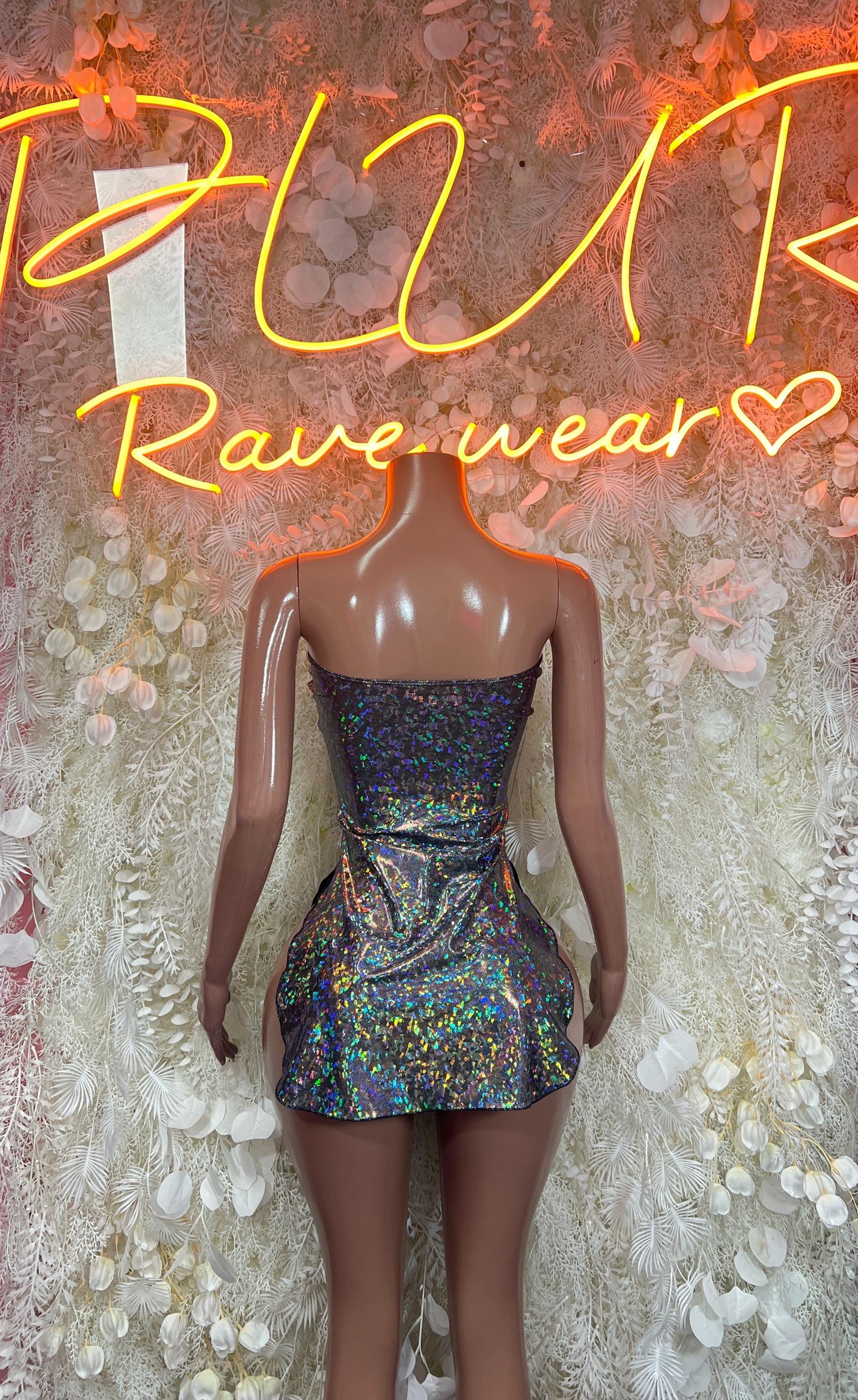 Holographic mini dress with open back and sheer long sleeves