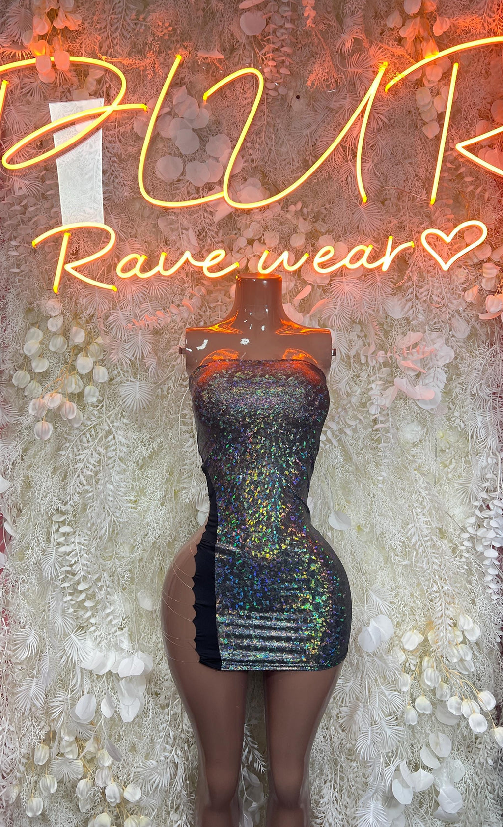 Metallic hologram mini dress with thin straps and dark bodycon fit