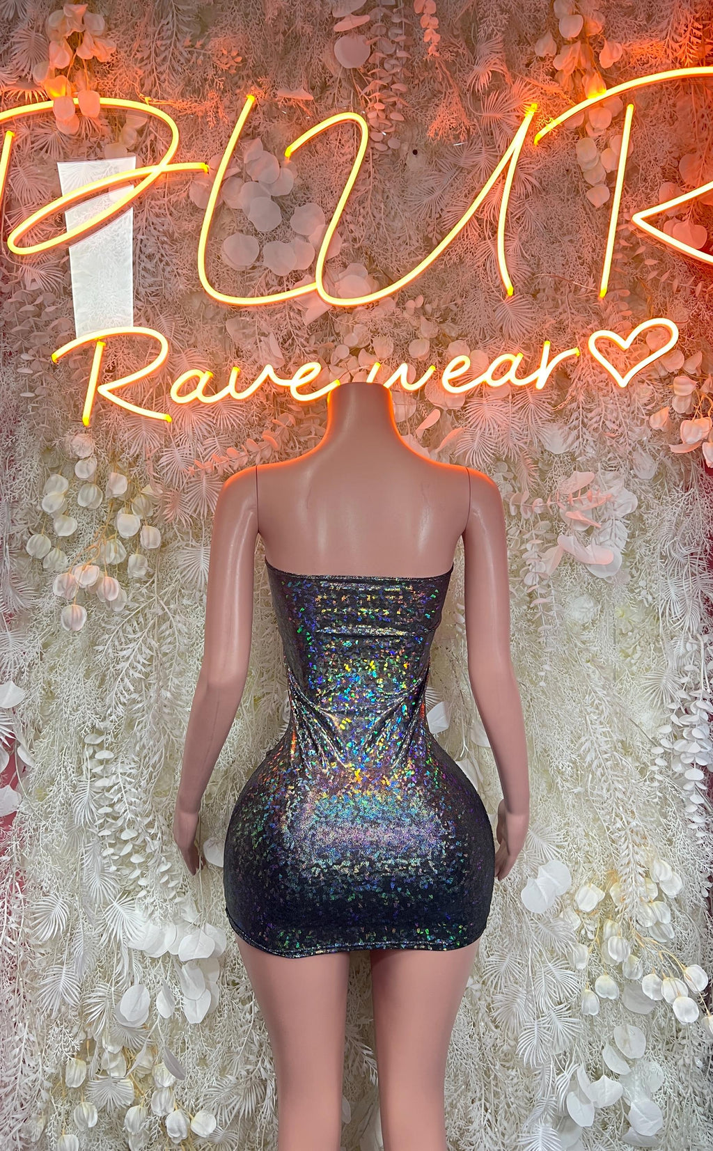 Metallic holographic black rave bodysuit with strapless silhouette and open back