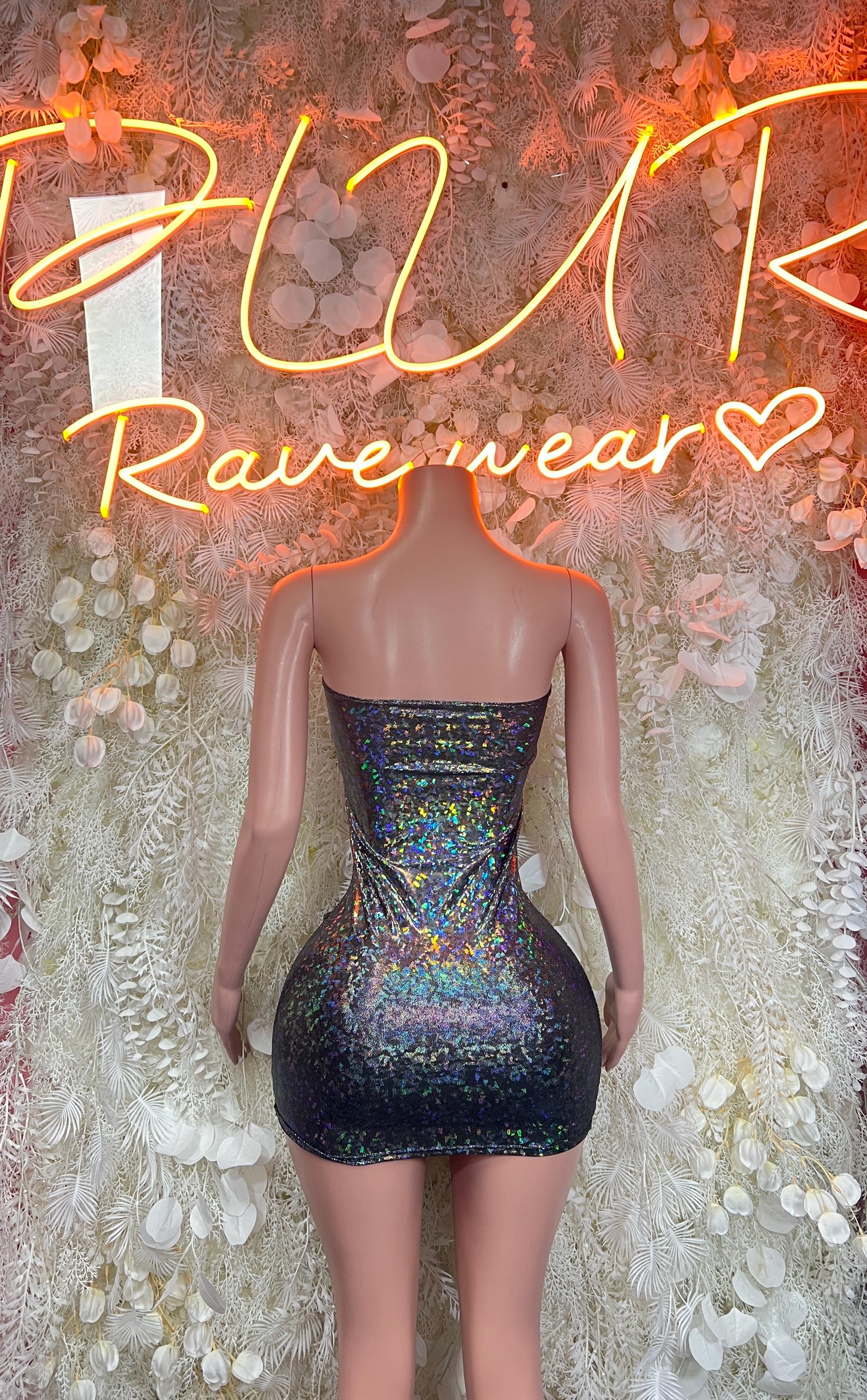 Metallic holographic black rave bodysuit with strapless silhouette and open back