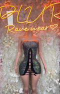 Metallic holographic black rave bodysuit with sweetheart neckline and front cutout