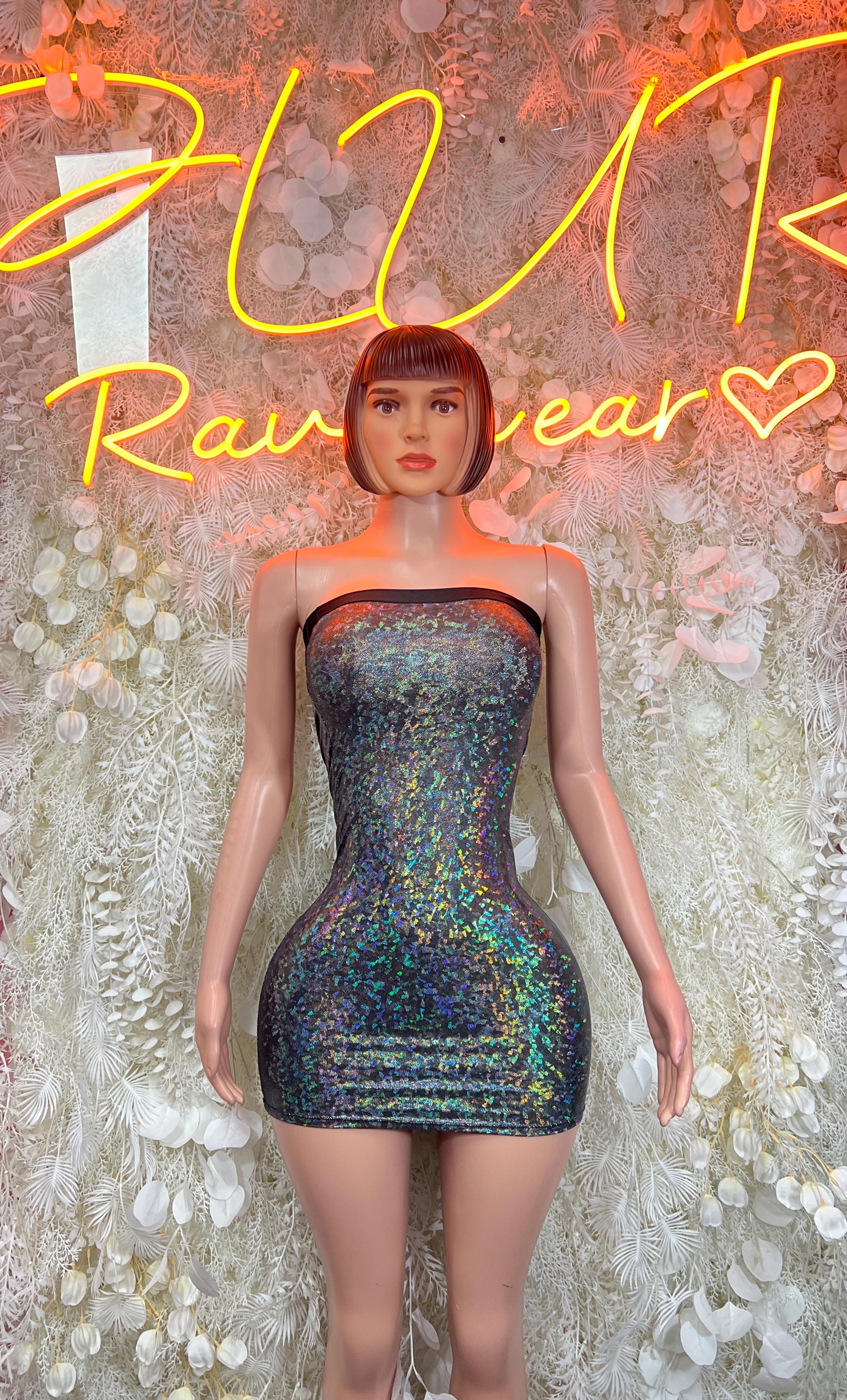 Holographic strapless mini dress, sweetheart neckline, dark blue-black metallic sheen