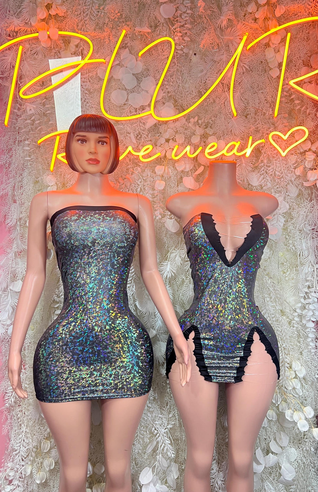 Metallic hologram bodysuit, strapless front and open back detail, black with blue-green sparkle