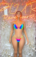 Rainbow bikini set with neon green trim, triangle top and matching thong bottom