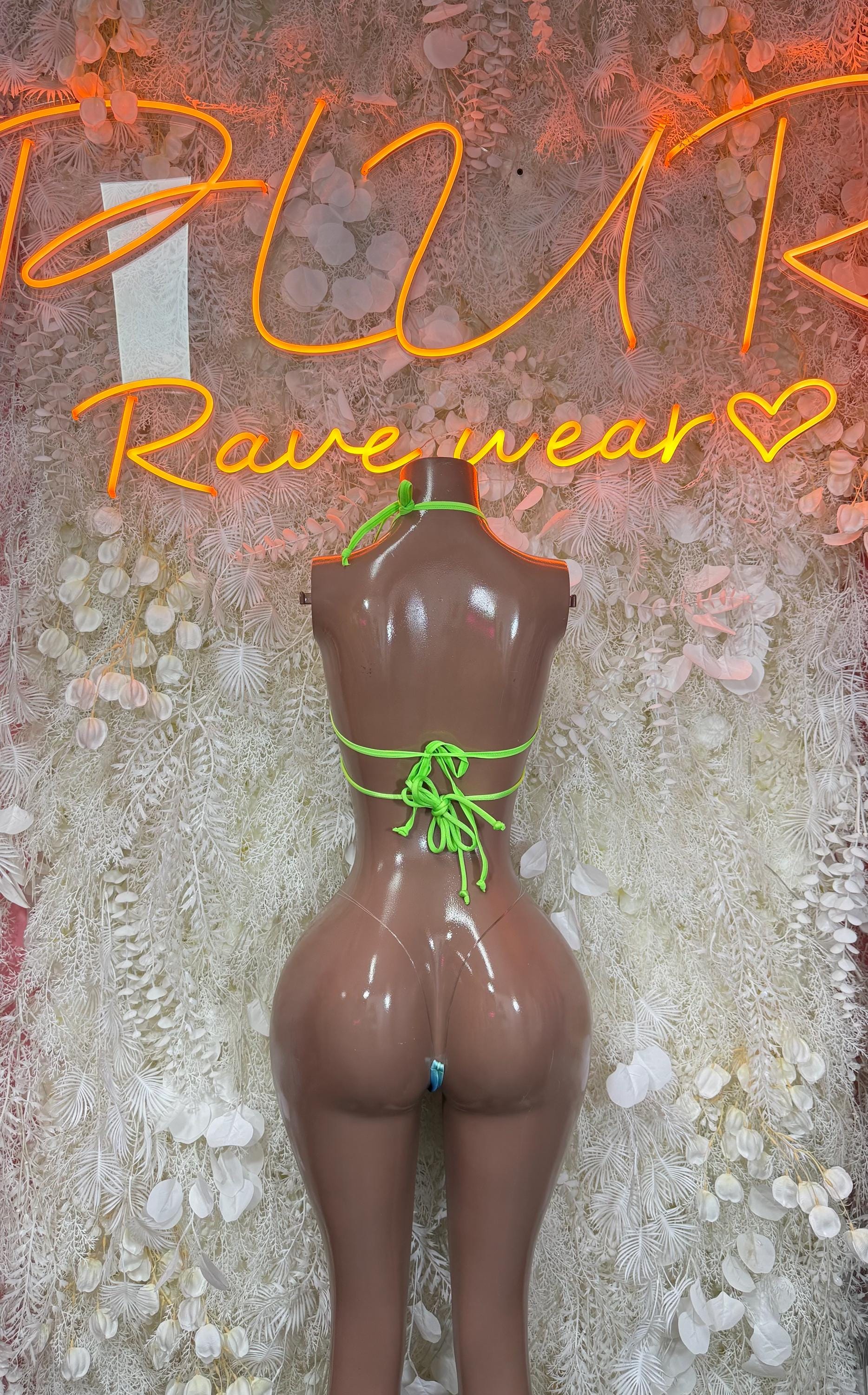 Women's rainbow rave bikini set, neon green tie-back triangle top and neon thong bottoms