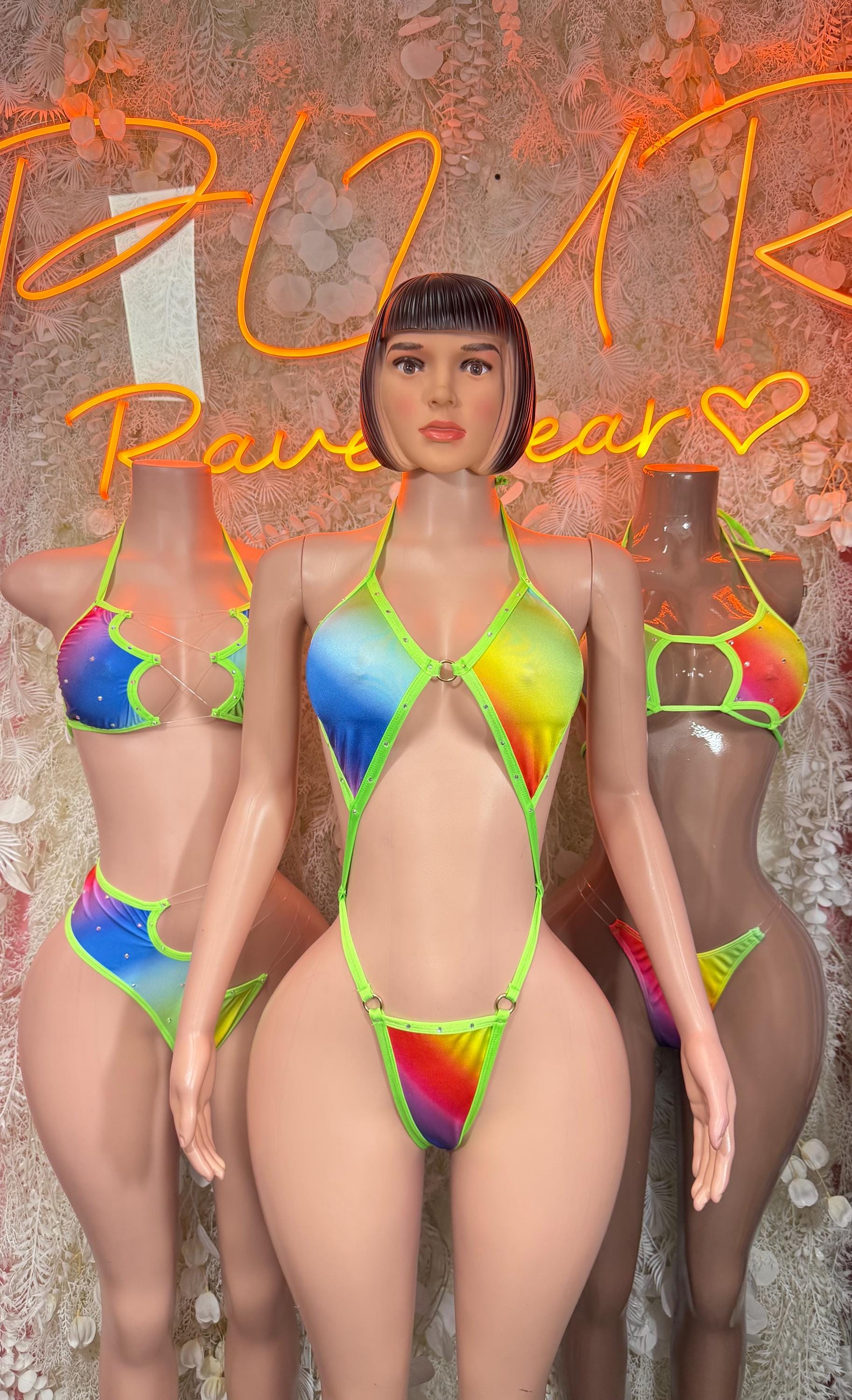 Halter-style multicolor bodysuit with neon green trim and rainbow center cutout