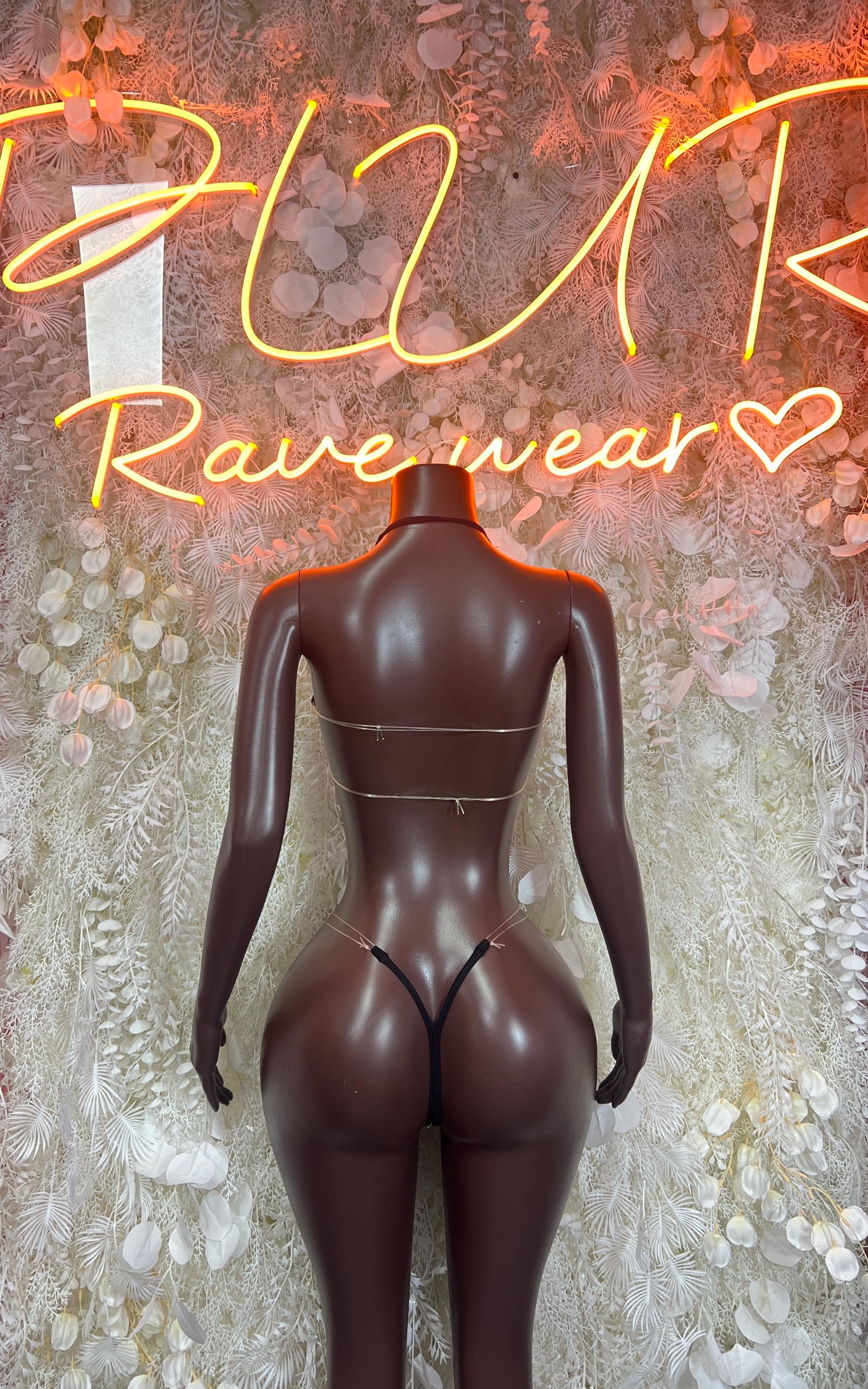 Back view of dark rhinestone bikini set with gold accents, two-piece festival lingerie