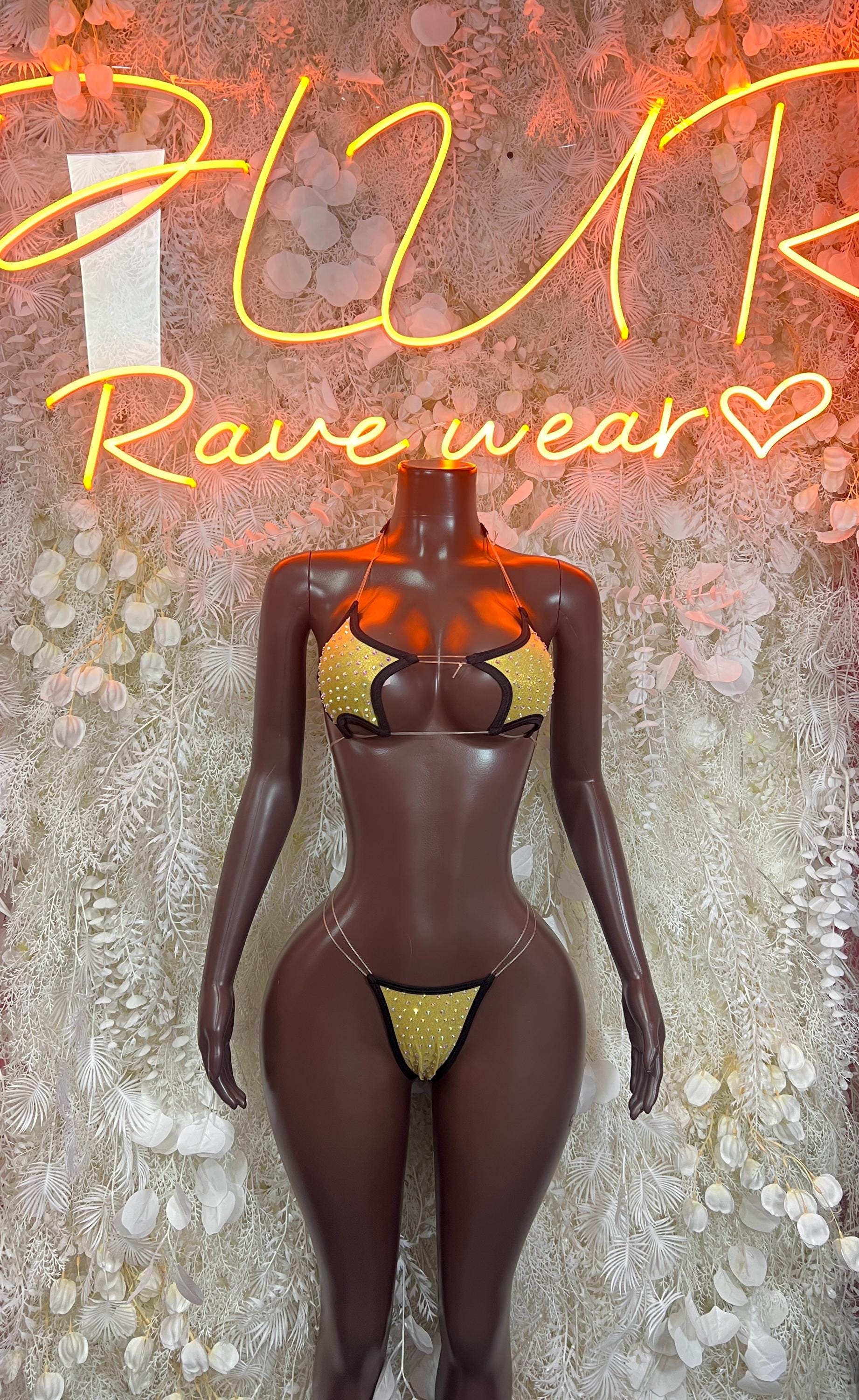 Dark rhinestone bikini set with gold accents, two-piece festival lingerie