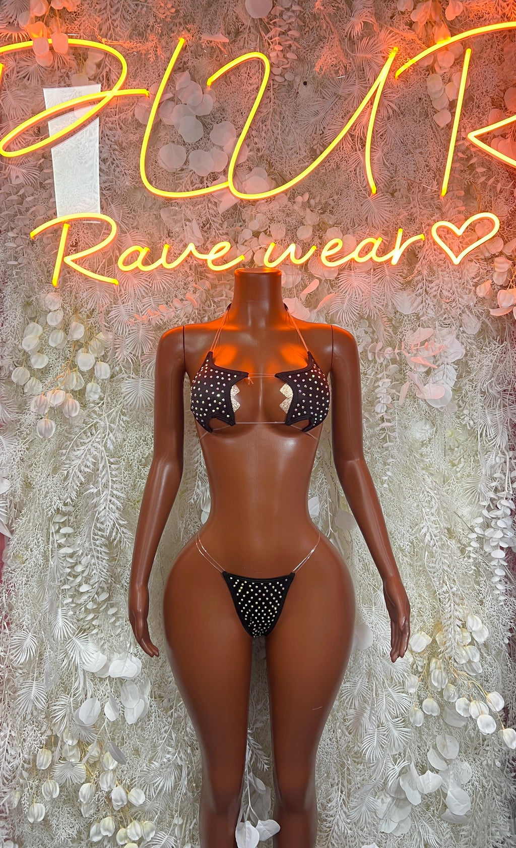 Black rhinestone two-piece bikini set, halter bra and matching thong bottom
