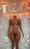 Black rhinestone two-piece bikini set, halter bra and matching thong bottom