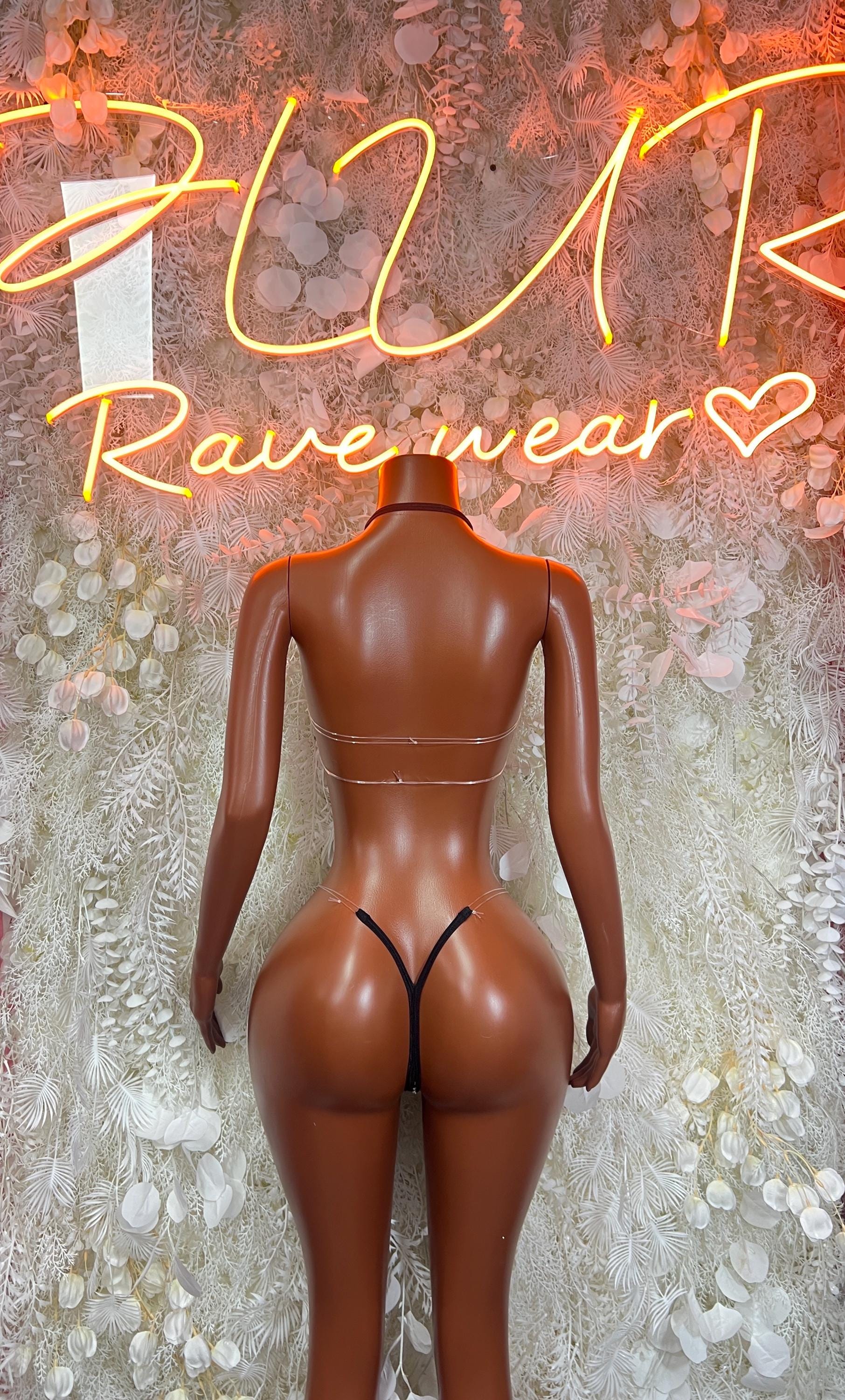 Black rhinestone bikini set, back view with high-cut bottom