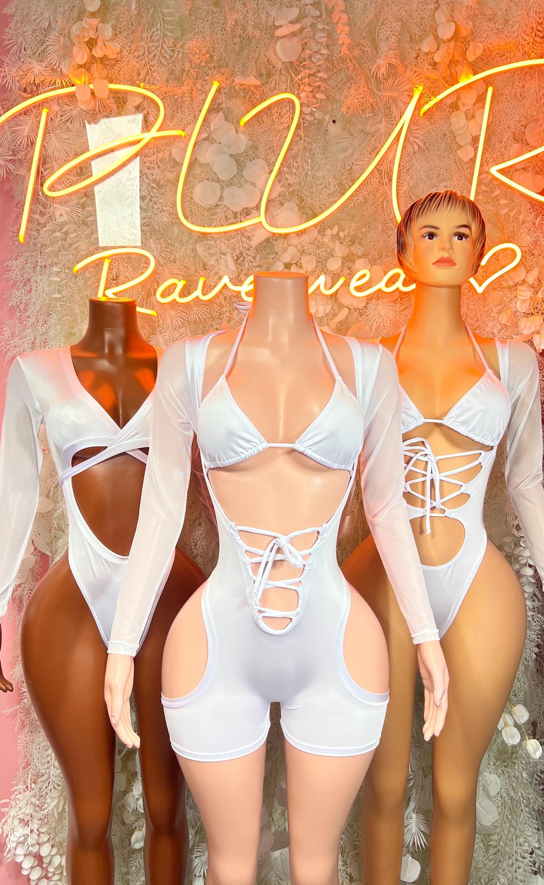 White strappy bodysuit with lace-up front and long sleeves