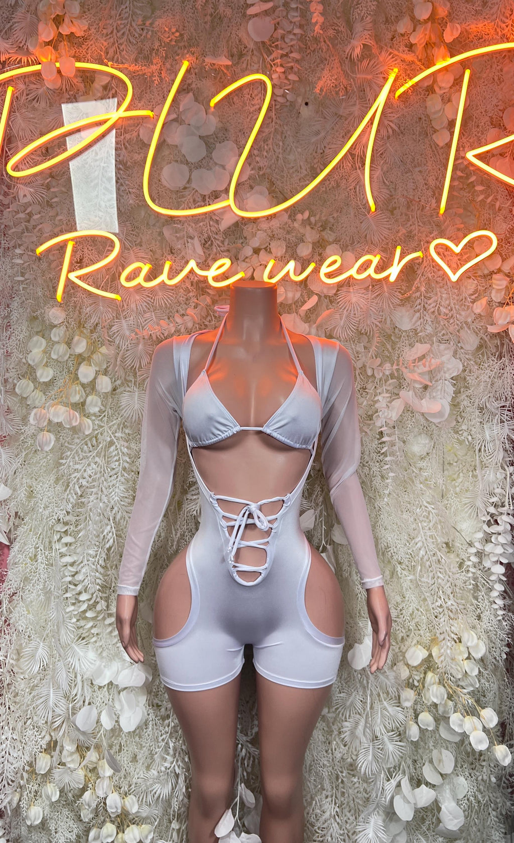 Backless light blue lace-up cutout bodysuit with long sleeves and open back