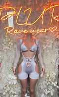 Backless light blue lace-up cutout bodysuit with long sleeves and open back