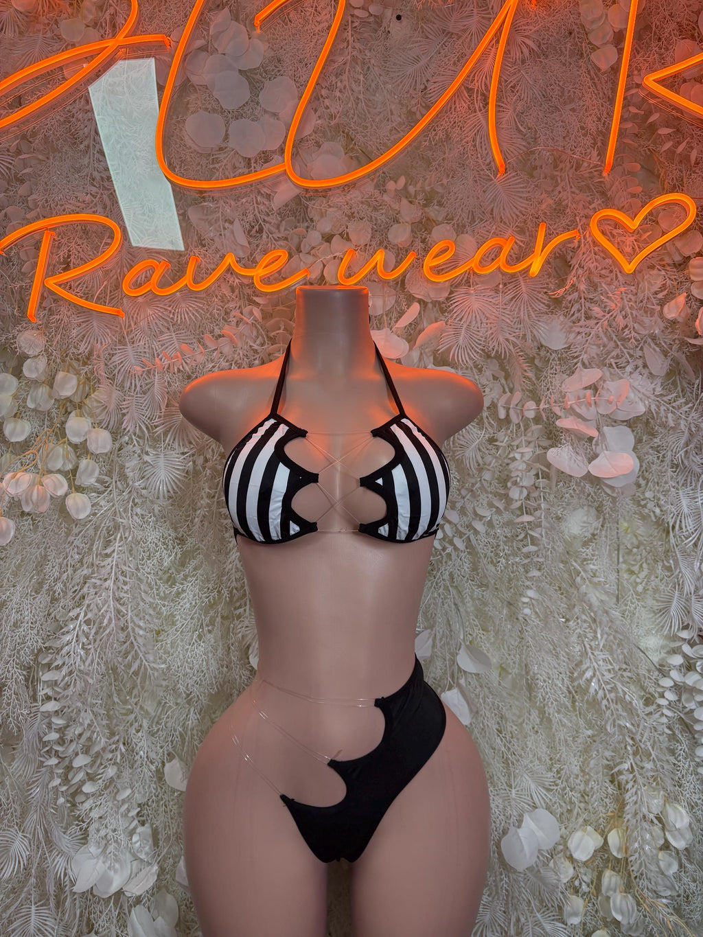 Sports referee lingerie set: black and white striped triangle bra, black heart-cutout thong