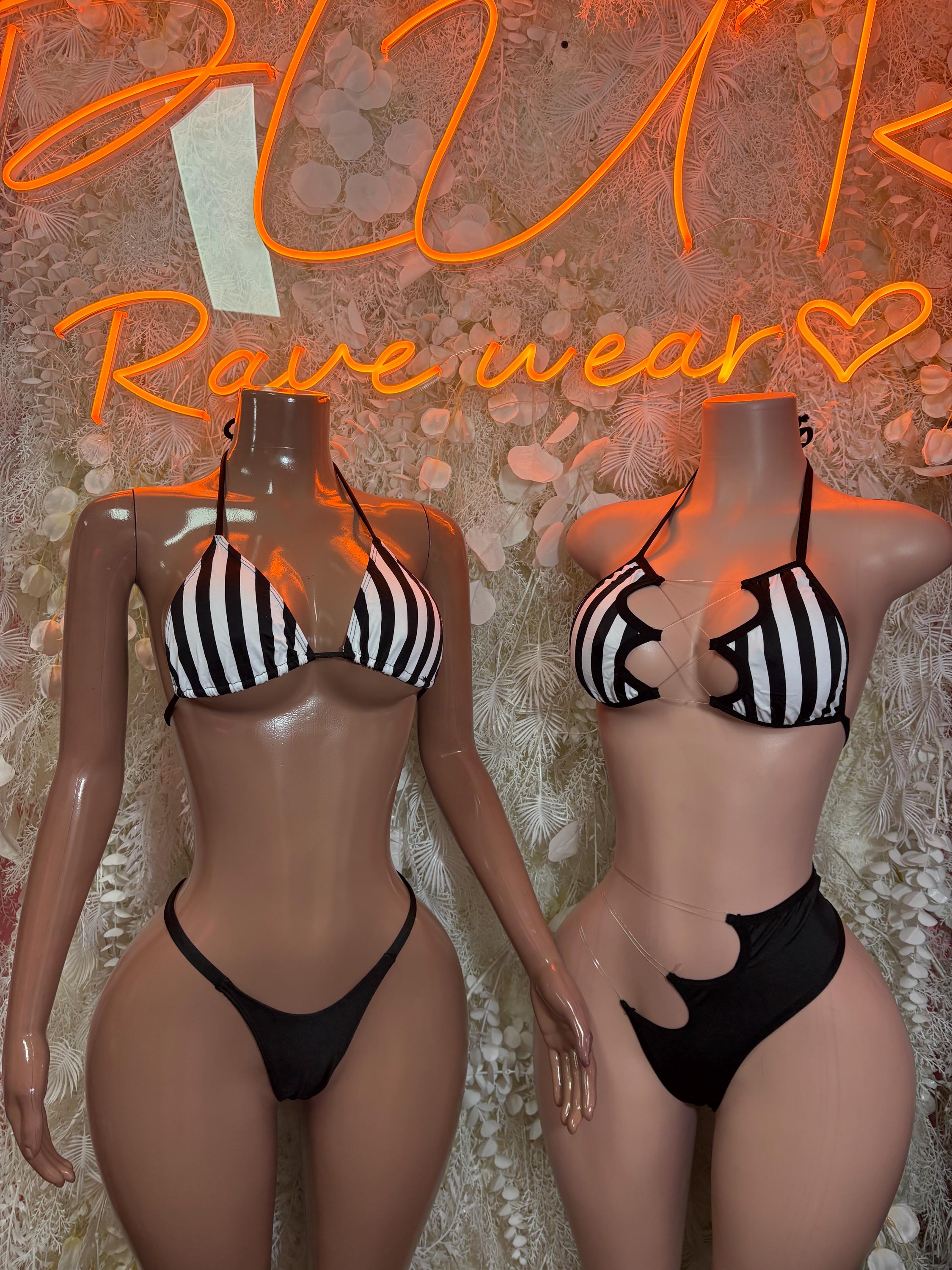 Sports referee lingerie set front and side views: striped triangle bra with black thong
