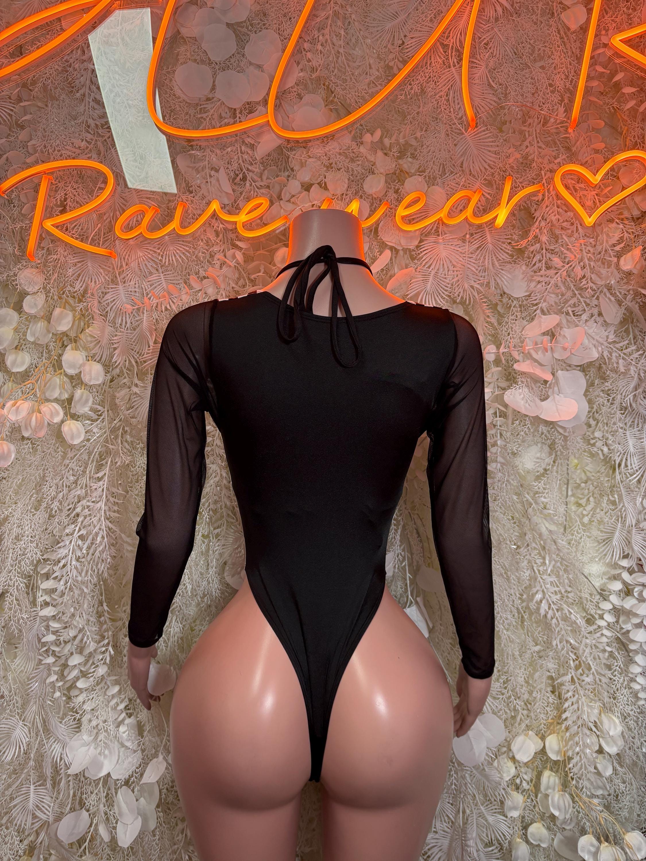 Black long-sleeve sheer bodysuit with back keyhole and neck tie