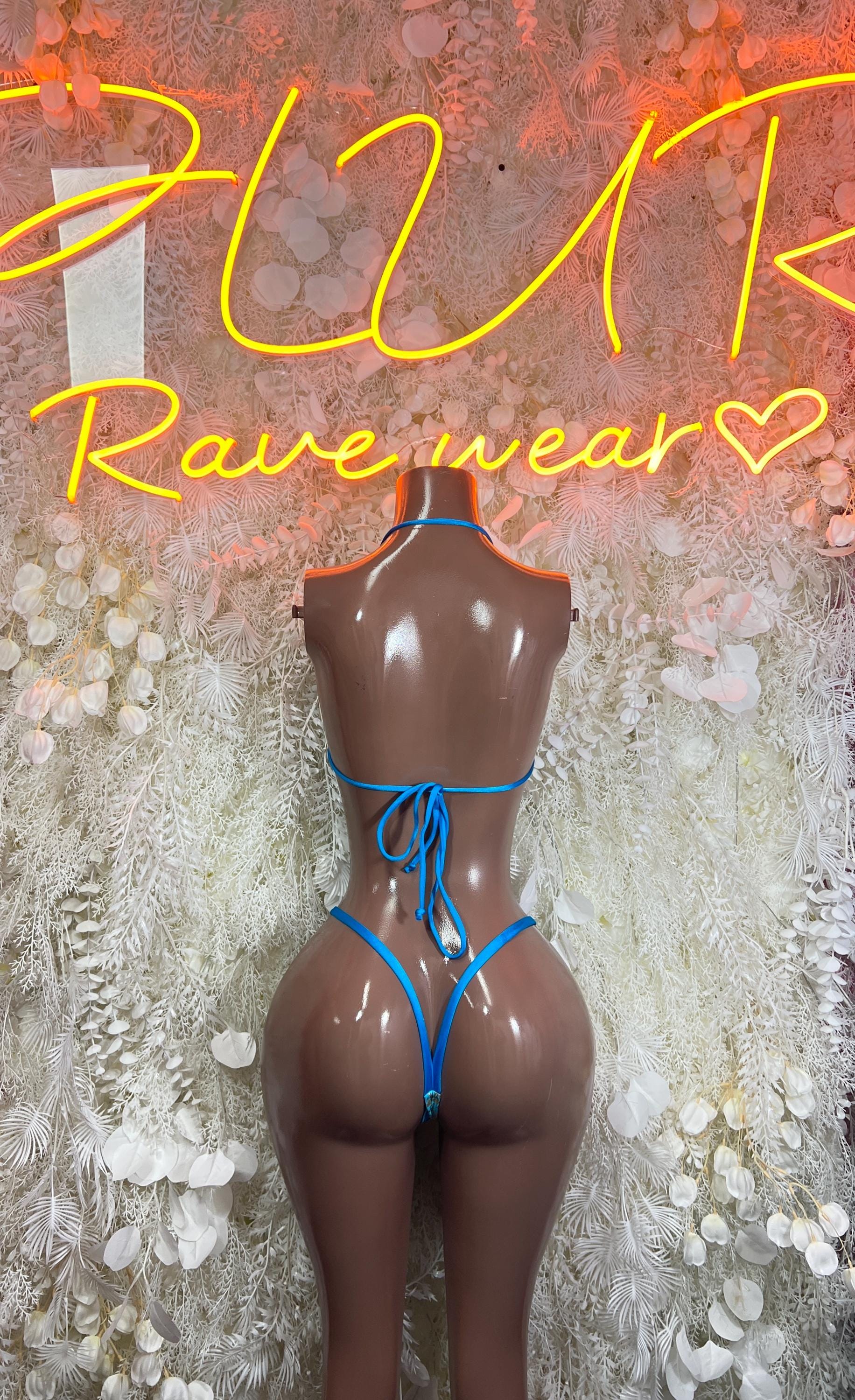 Back-view two-piece glitter bikini with aqua blue triangle top and tie string back