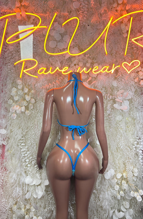 Aqua blue glitter bikini set, strappy back top with triangular bottoms