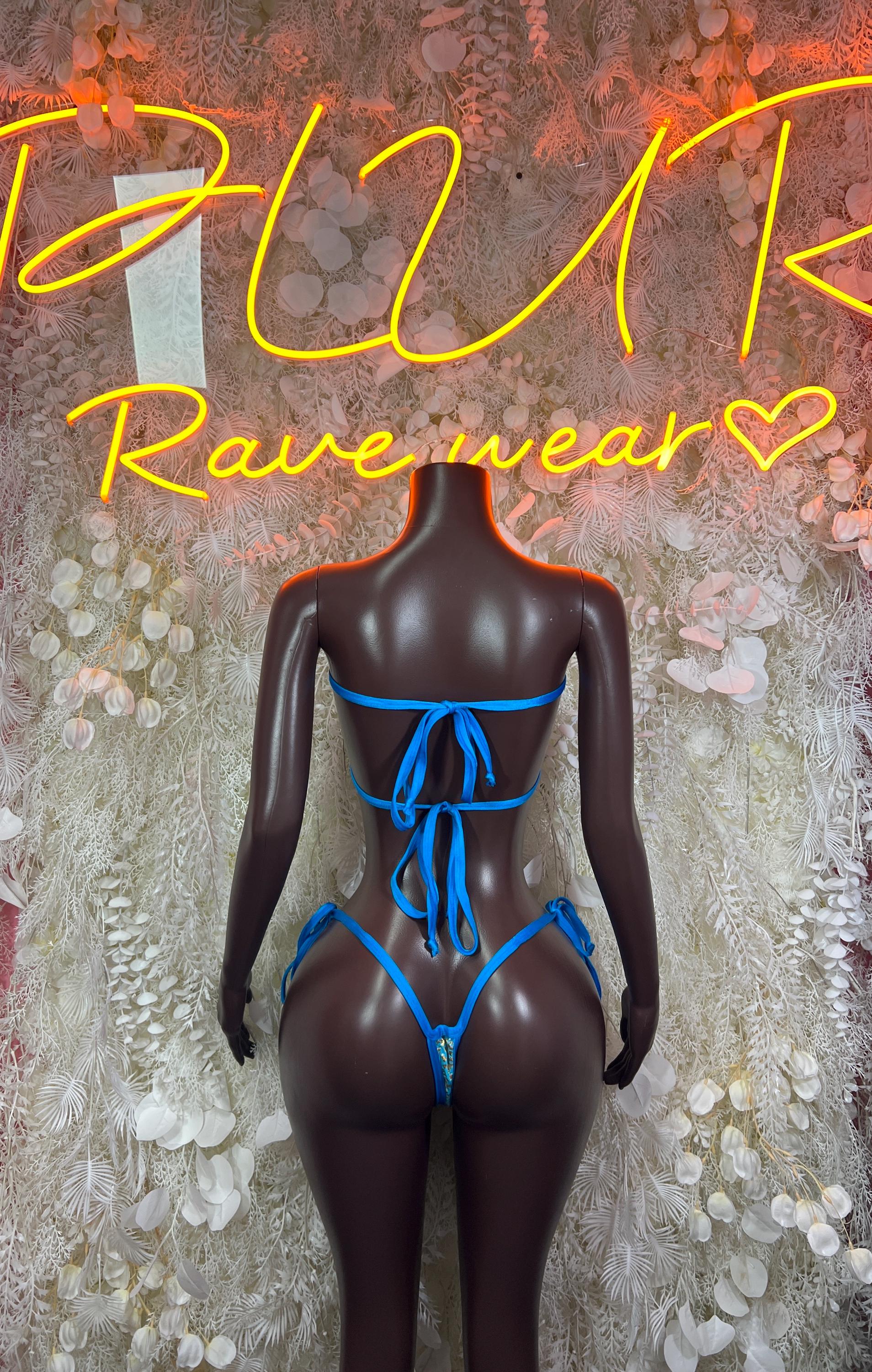 Aqua patterned bikini set with tie-front halter top and string bikini bottoms