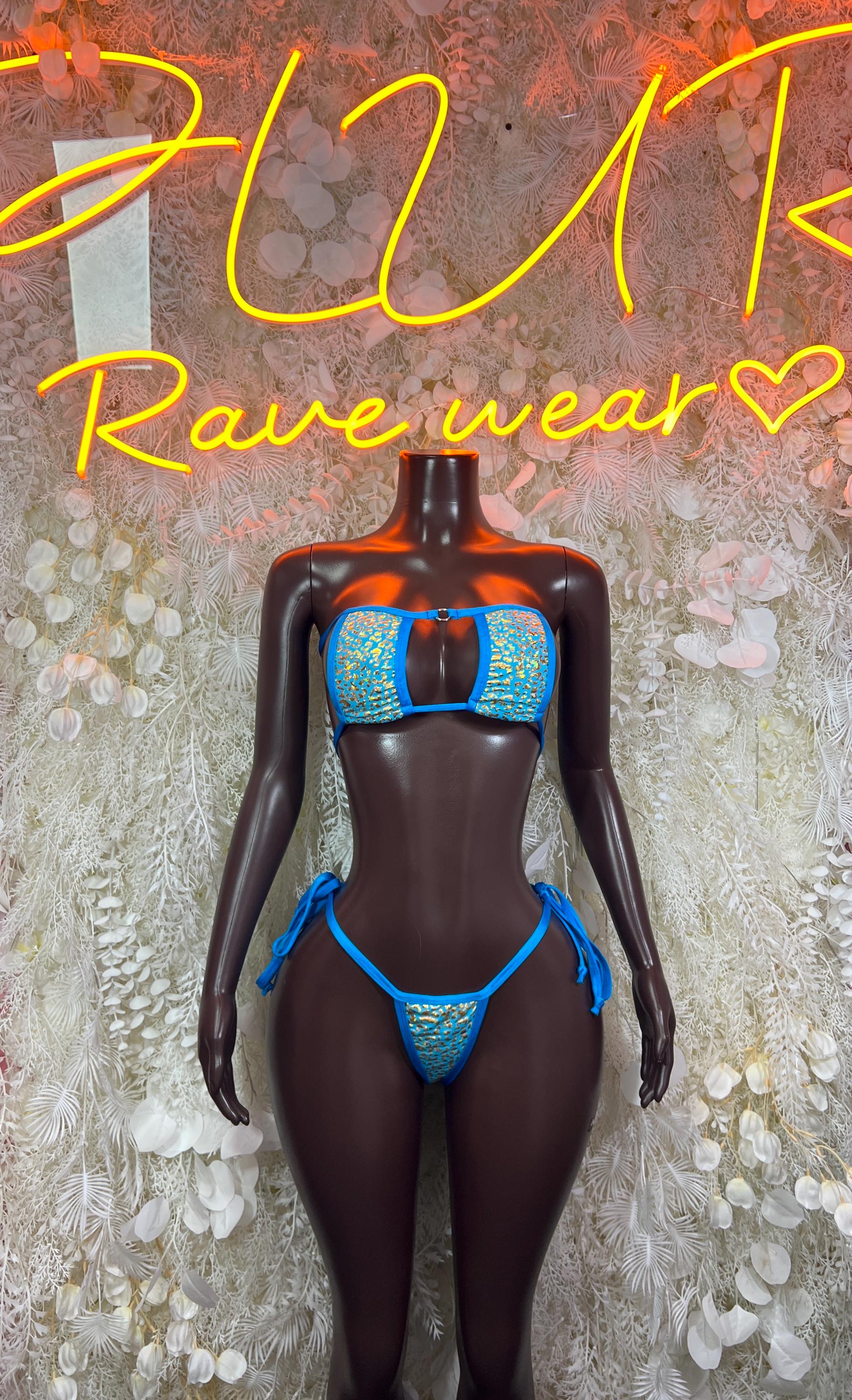 Aqua patterned two-piece festival bikini with halter straps and tie-side bottoms