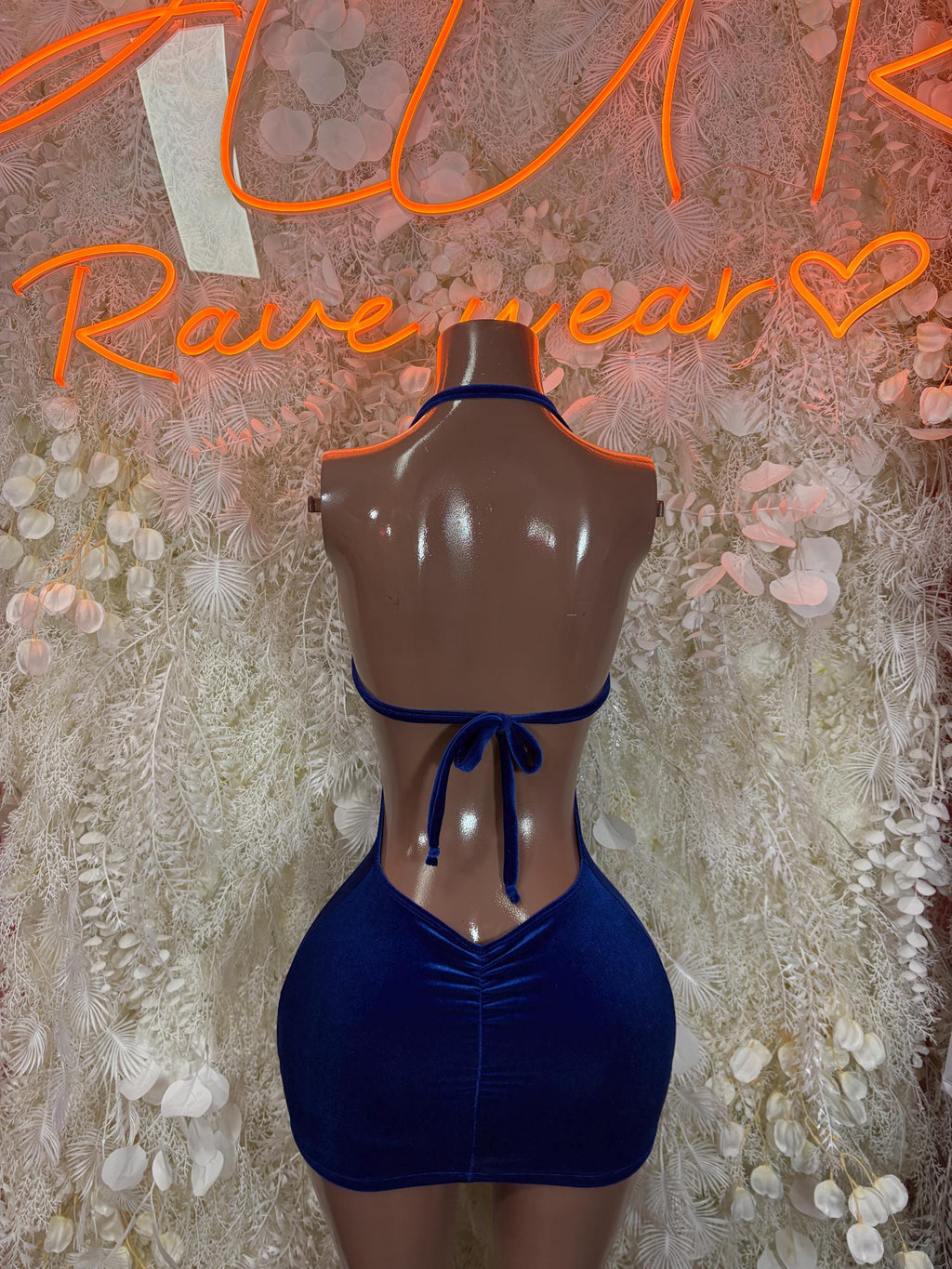 Blue velvet mini dress with racerback and lace-up tie detail at back