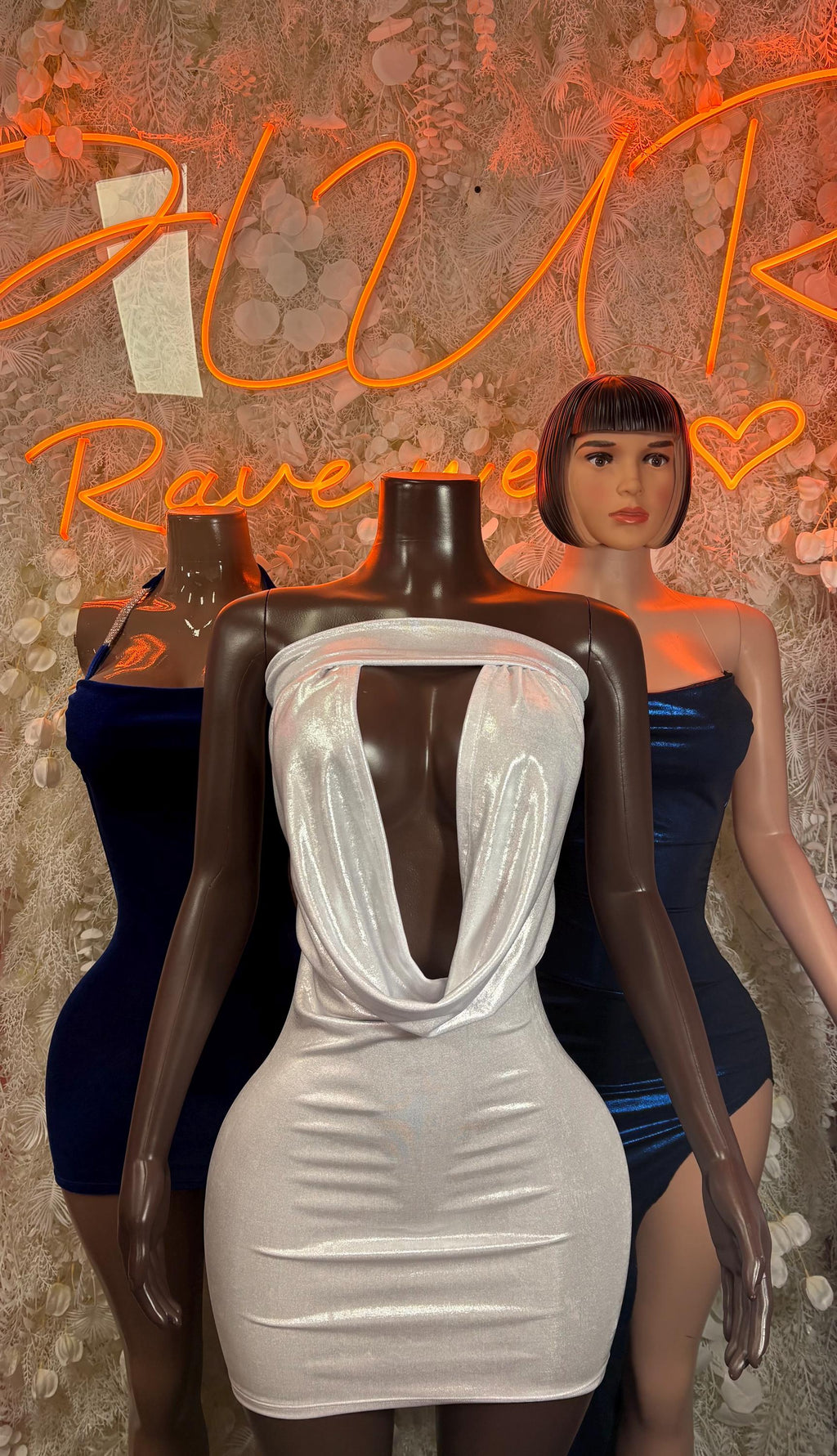 Velvet mini dress with draped cowl neckline, fitted bodycon silhouette