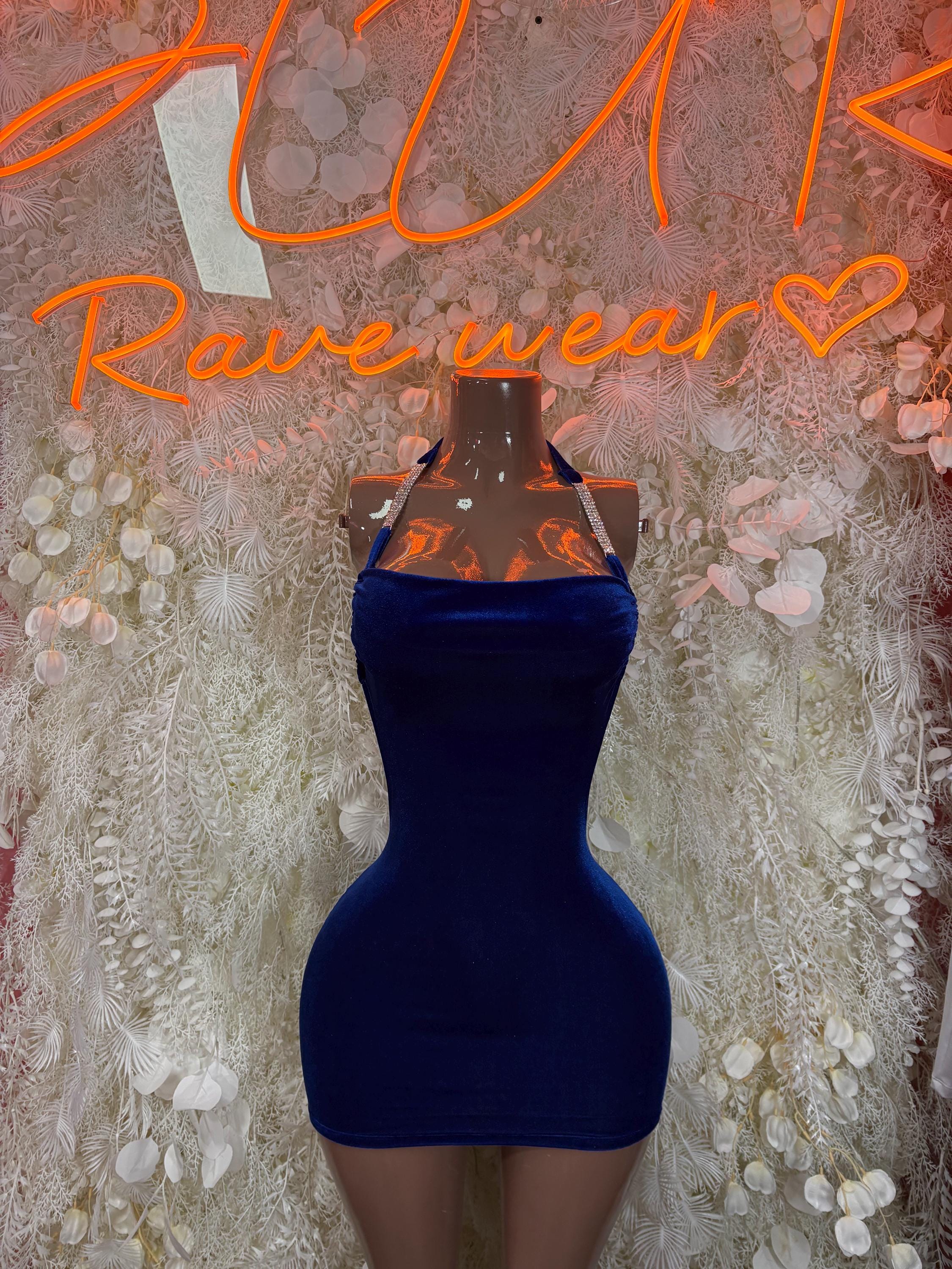 Blue velvet mini dress with halter neckline, fitted bodycon silhouette
