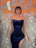 Blue metallic strapless gown with corset bodice and side slit