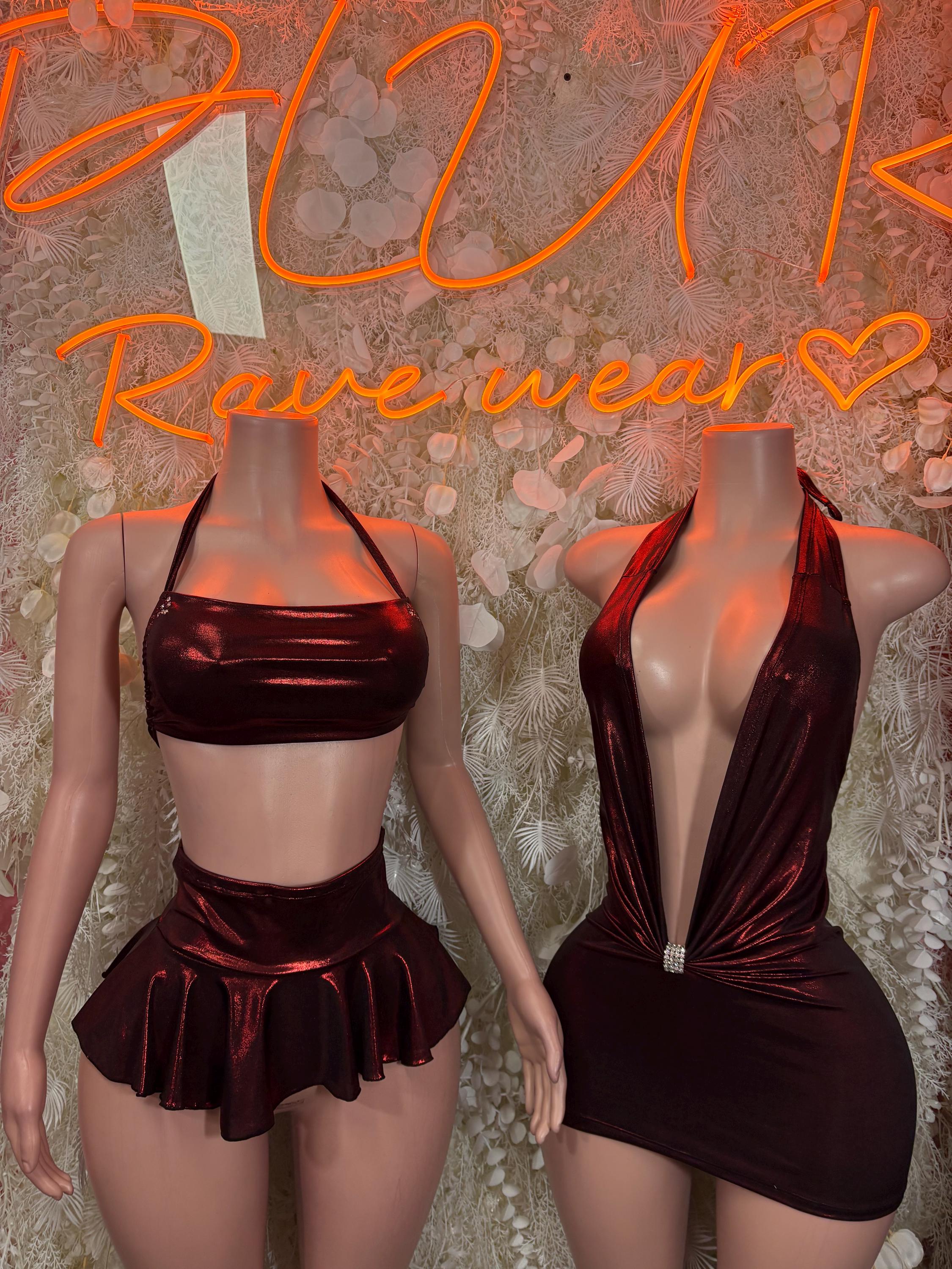 Metallic dark red halter top and flared mini skirt, plus ruched mini dress