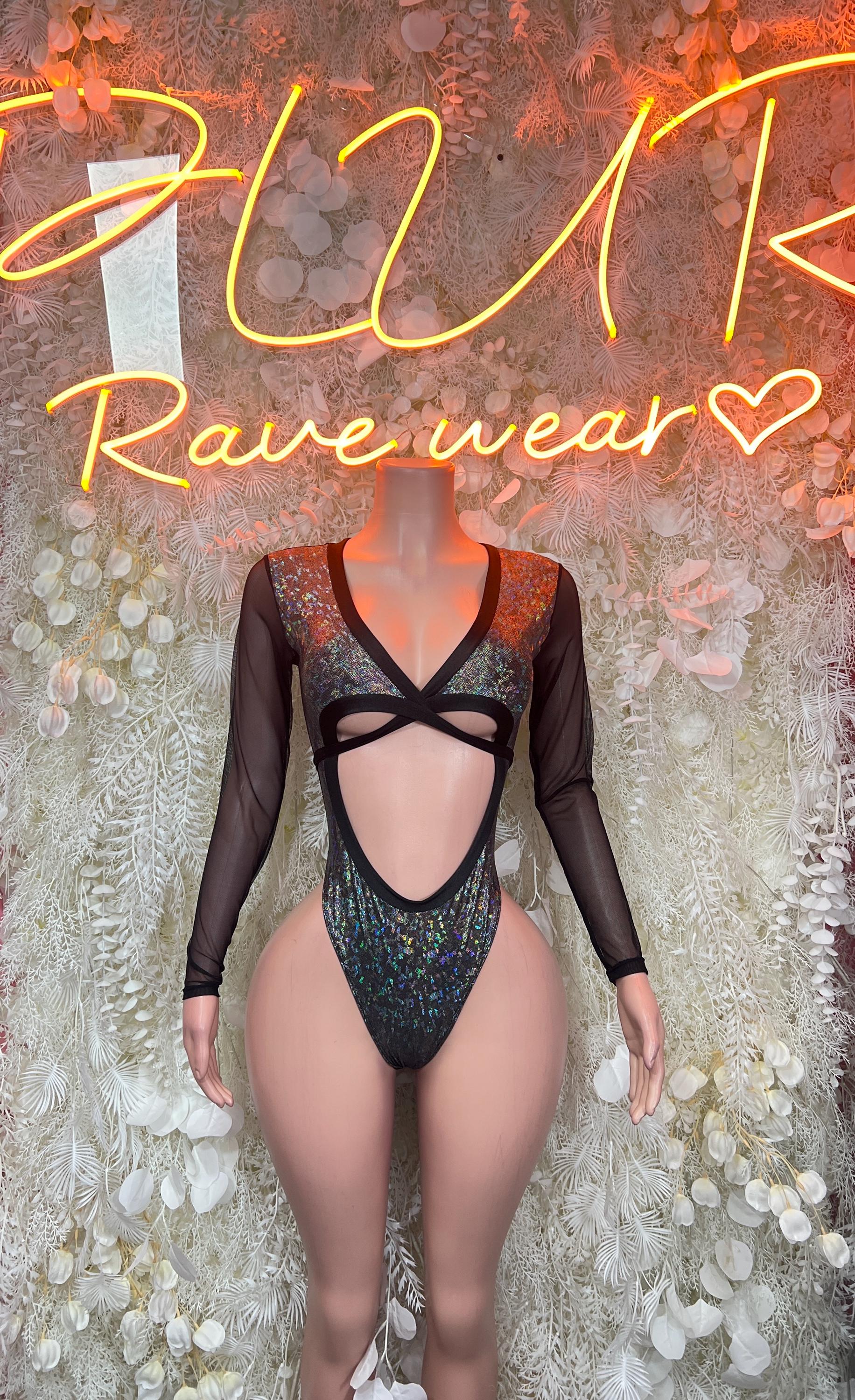 Black hologram metallic bodysuit with sheer long sleeves, V-neck and front cutouts