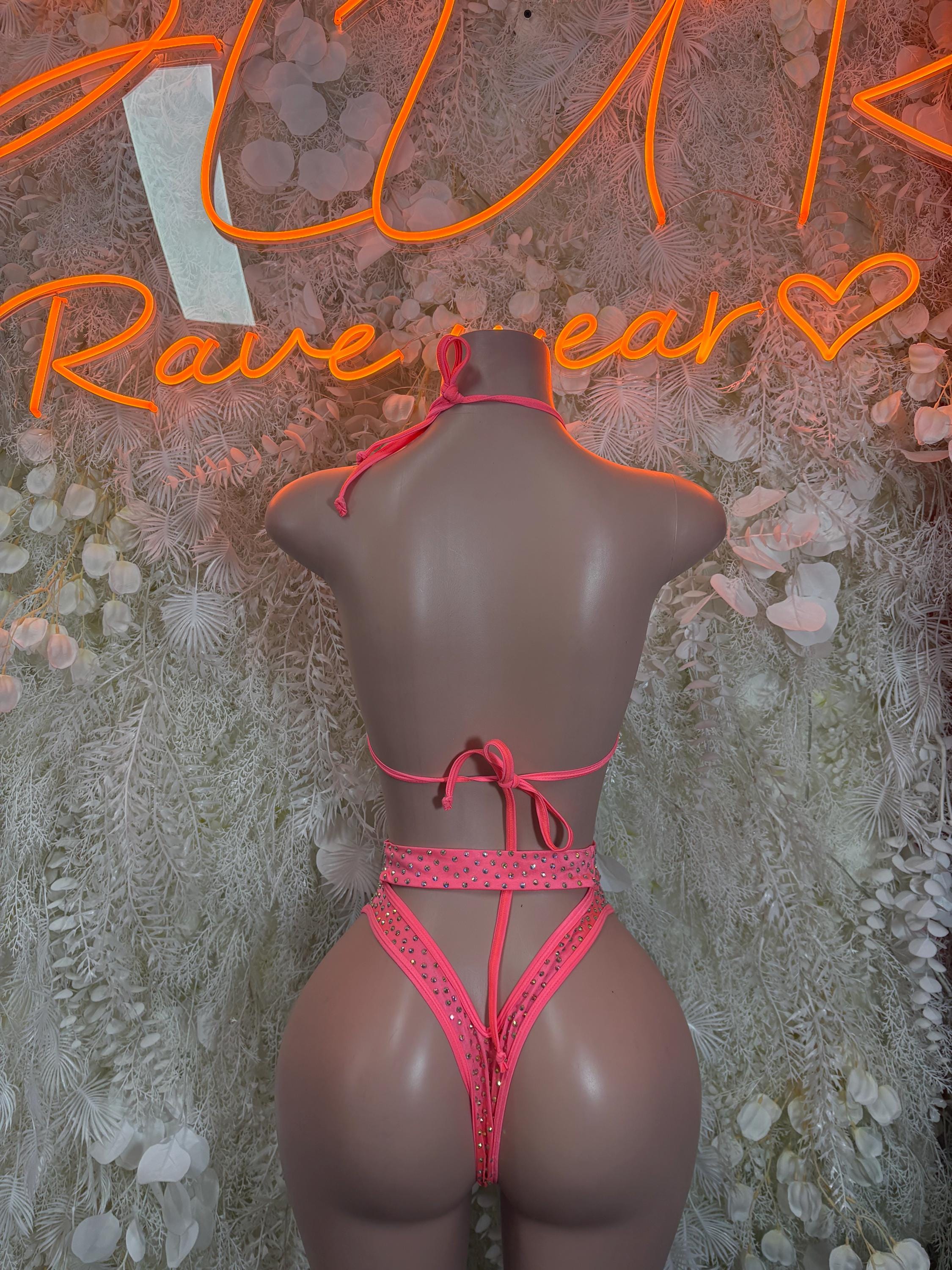 Coral rhinestone two-piece set with back-tie triangle top and high-cut string bottoms