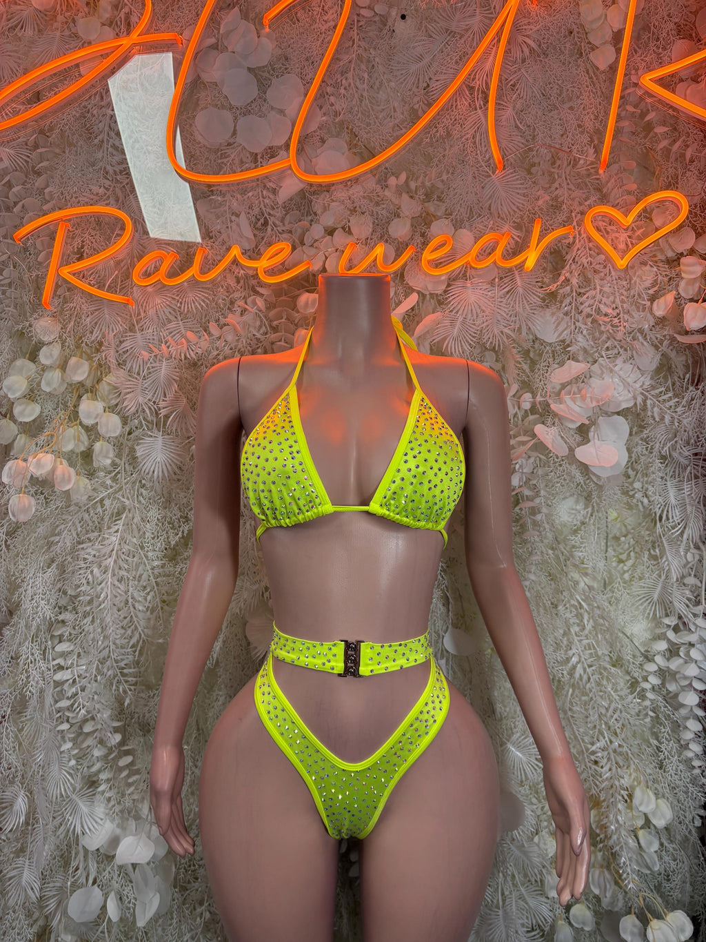 Neon green rhinestone triangle bralette and high-waist thong two-piece rave set