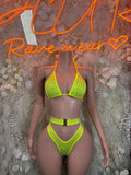 Neon green rhinestone triangle bralette and high-waist thong two-piece rave set