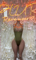 Forest green one-piece dancewear bodysuit with cutout neckline and sheer side panels