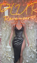 Silver metallic asymmetrical slit gown with lace-trim V-neck spaghetti straps