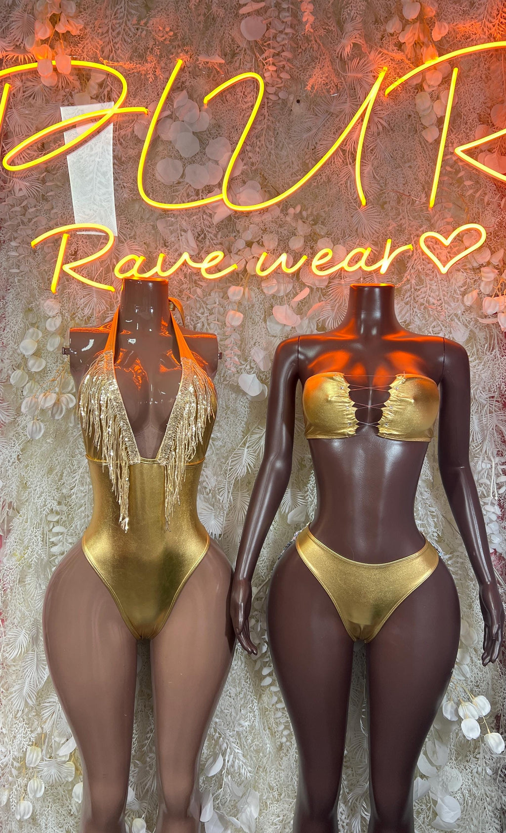 Gold metallic dancewear set with gold bra top and high-cut briefs; gold fringed bodysuit shown.