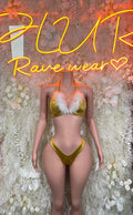 Gold metallic two-piece dance outfit with feather-trim bra and thong bottom