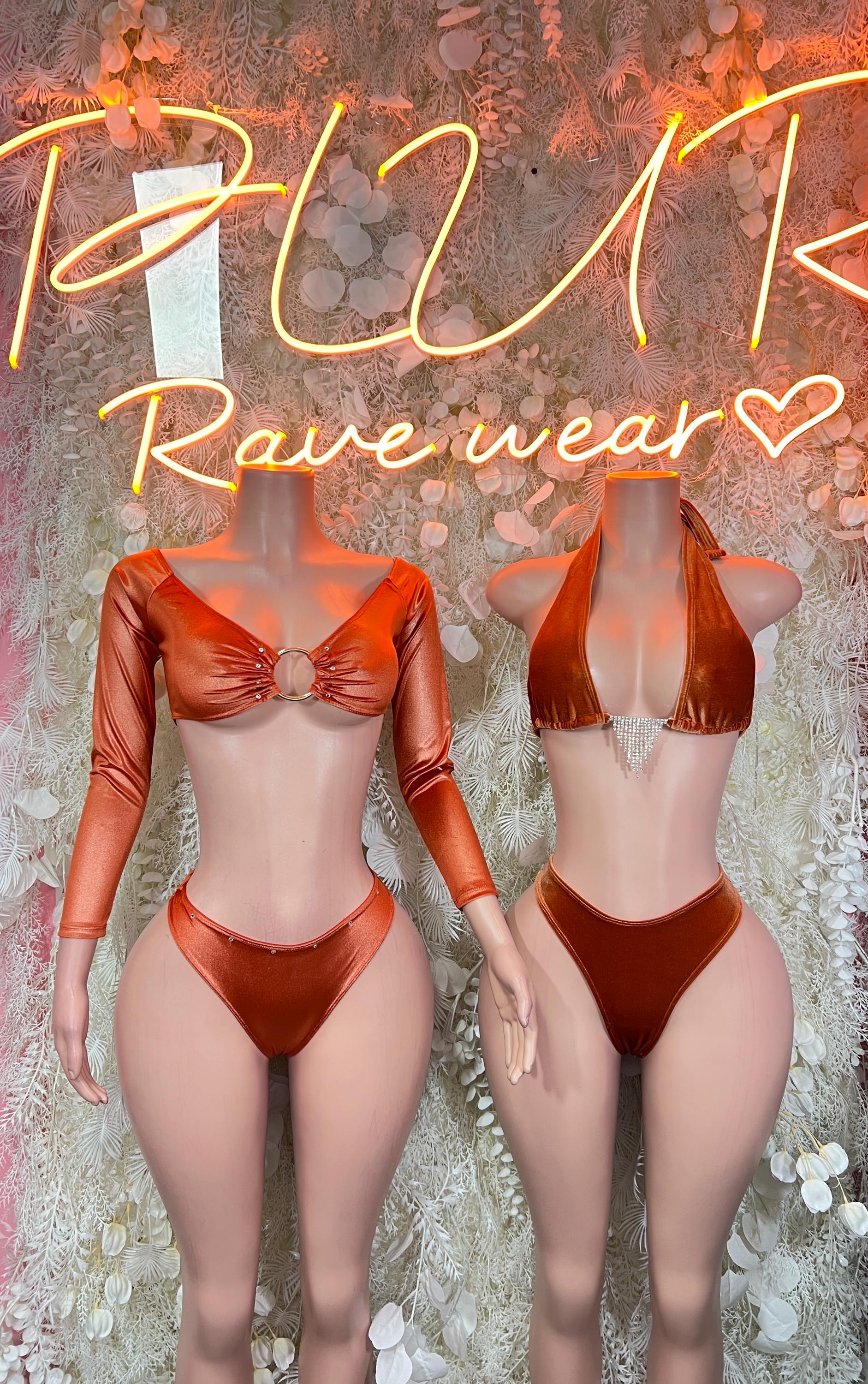 Metallic orange two-piece rave outfit with cropped bra tops and thong bottoms