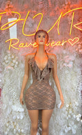 Sparkly lace mini dress with V-neck and spaghetti straps, front view