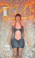 Metallic mini halter dress with cutout front, ruched skirt, dark silver-gray shimmer