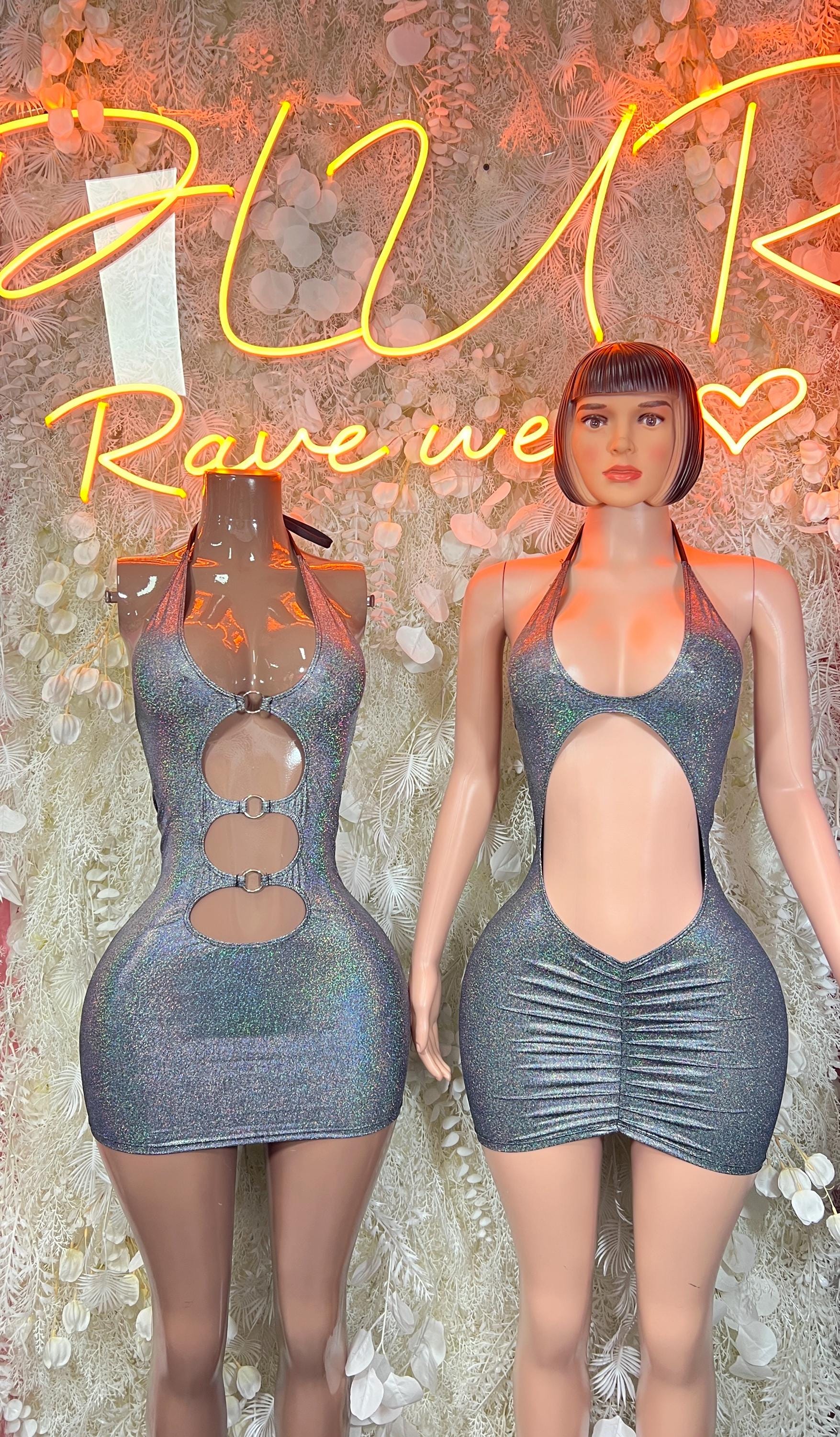 Metallic mini halter dress, cutout front and ruched bodycon fit; side view shown