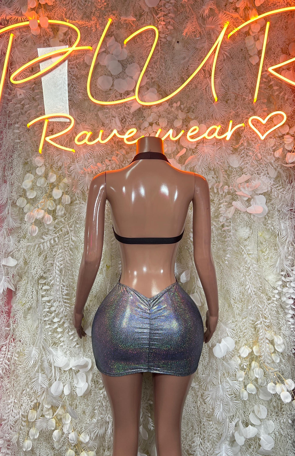 Metallic silver backless mini dress with halter straps and open back
